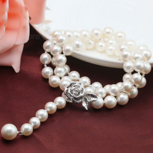 Newest Women's Trendy Jewelry Simple Design Shell Pearl Necklace With Genuine 925 Sterling Silver Rose Flower Clasp SPN-D014
