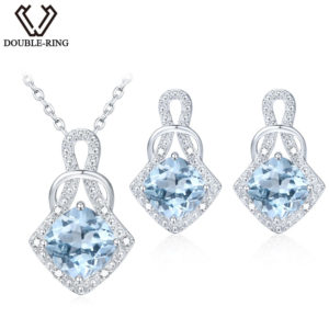 DOUBLE-R Natrual Blue Topaz Earrings Pendant Necklace Jewelry Sets 925 Sterling Silver Gemstone Brand fine Jewelry for women