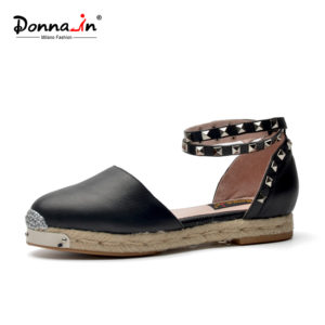 Donna-in fashion rivet calf leather woman shoes natural rope sole ladies shoes buckle strap round toe flat sole spring shoes