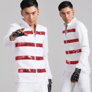 Stand collar men suits designs white stage costumes for singers men sequin blazer dance clothes jacket style dress punk rock