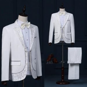 Singer star style dance stage clothing for men suit set with pants mens wedding suits costume groom formal dress tie white
