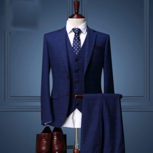 High Quality Blue Plaid Suit Male Groom Dress Suits Set Men's Spring 3 Piece Suits For Wedding (Jacket/ Vest/ Pant)