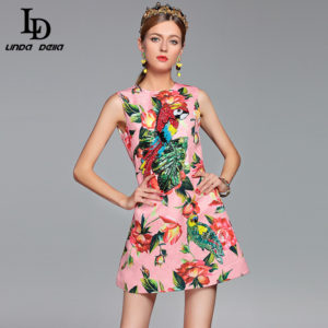 Runway Designer Summer Dress Women's Elegant Sleeveless Crystal Button Parrot Sequined Pink Floral Flower Printed Dress