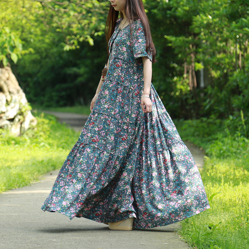 LZJN summer beach dress small floral cotton maxi shirt dress for women long bohemian dress robe de plage femme sommer kleid