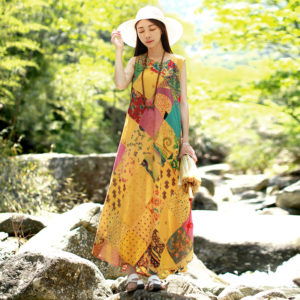 LZJN Random Patchwork Beach Dress Summer Long Sundress Cotton Vestidos Chic Robe Femme Bohemian Women Tank Maxi Dresses