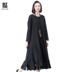 Outline Black Wool Dress Women Spring Plus Size Patchwork Black Dresses Casual Loose Full Sleeve Tassel Dark Red Dress L164Y002