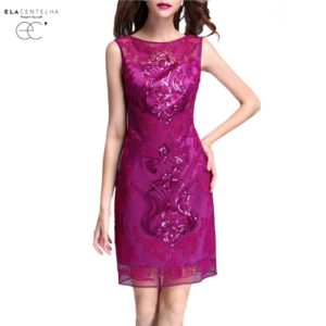 ElaCentelha Women Dress High-End Sleeveless Mesh Patchwork Sequined Party Dresses Ladies Slim Embroidery Work OL Dress
