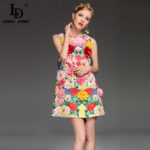 High Quality Summer Fashion Designer Runway Dress Women's elegant Sleeveless Tank Floral Print Flower Applique Short Dress