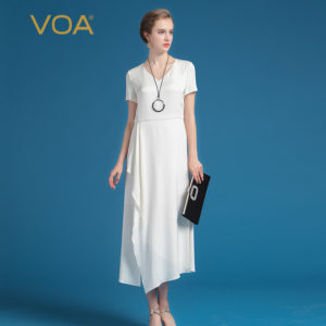 VOA Summer Silk Women White Office Dress Fashion Short Sleeve Slim Irregular Maxi Dress Brief Pure Plus Size Dress ALX03501