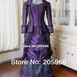 18th Century Victorian Dark Purple  Venice Lace Trimmed Bustle Day Dress Event Dress