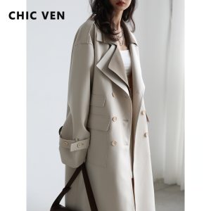 CHIC VEN Women Trench Solid Loose Contrast Double Collar Double Breasted Long Women's Windbreaker Coat Office Lady Spring 2022