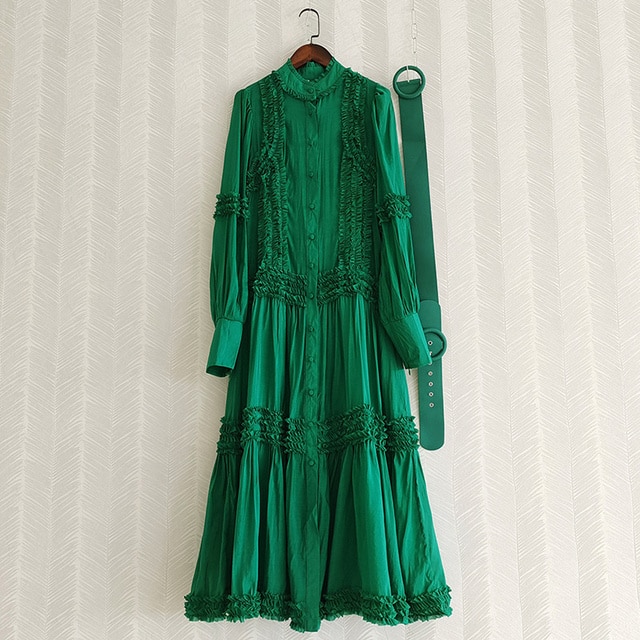 DEAT Woman Dress Edible Tree Fungus Stand Collar Long Sleeve Belt Loose Waist Elegant Vintage Style New Autumn Tide 15XF328 - Image 3