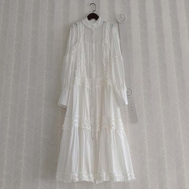 DEAT Woman Dress Edible Tree Fungus Stand Collar Long Sleeve Belt Loose Waist Elegant Vintage Style New Autumn Tide 15XF328