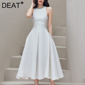DEAT Woman Midi Dress Diamonds Round Collar Sleeveless Empire Waist Ball Gown Dresses Vintage Style New Summer 15XM108