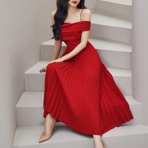 DEAT Woman Midi Dress Red Solid Pleated Slash Neck Spaghetti Strap Empire Waist Elegant Fashion Dresses New Summer 15XF789