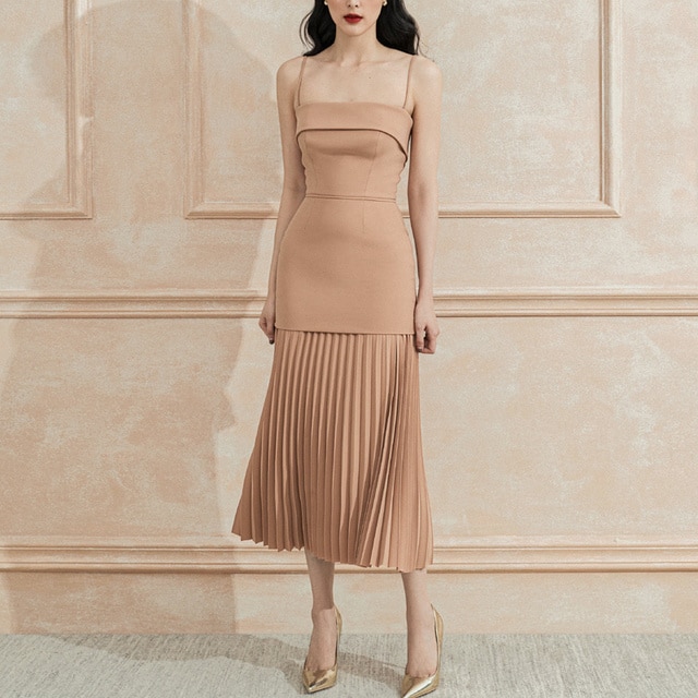 DEAT Woman Midi Dress Solid Pleated Hem Patchwork Spaghetti Strap Empire Waist Trumpet Elegant Fashion New Summer 15XF791 - Image 3