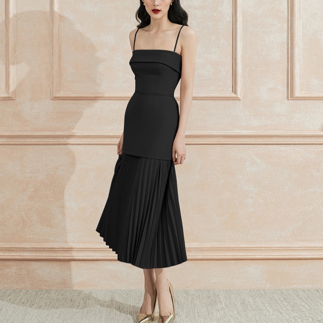 DEAT Woman Midi Dress Solid Pleated Hem Patchwork Spaghetti Strap Empire Waist Trumpet Elegant Fashion New Summer 15XF791 - Image 6