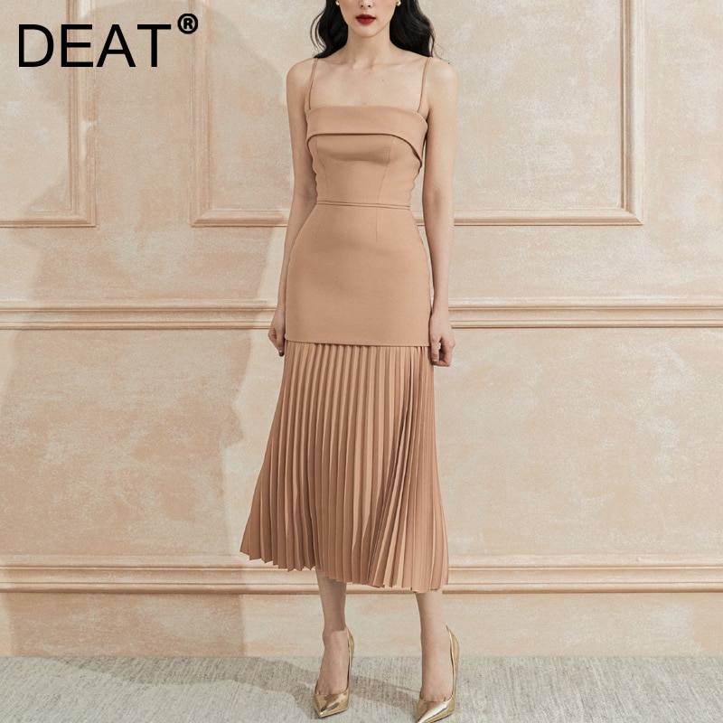 DEAT Woman Midi Dress Solid Pleated Hem Patchwork Spaghetti Strap Empire Waist Trumpet Elegant Fashion New Summer 15XF791