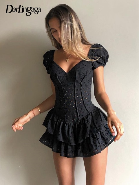 Darlingaga Fashion V Neck Ruffles Pleated Dress Women Puff Sleeve Chic Black Summer Dress Party Hollow Out Vintage Corset Ladies - Image 6