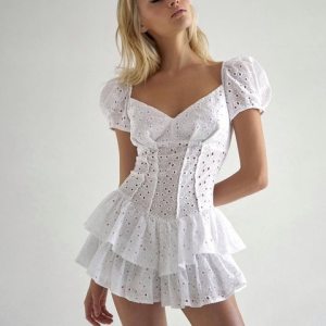 Darlingaga Fashion V Neck Ruffles Pleated Dress Women Puff Sleeve Chic Black Summer Dress Party Hollow Out Vintage Corset Ladies