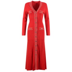 HarleyFashion New French Style V-neck Red Cardigan Elastic Midi Long Knitted Dress