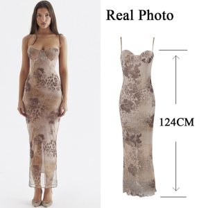 Mingmingxi Floral Print Maxi Prom Dress Sexy Mesh Celebrity Evening Party Dresses Bodycon Spaghetti Strap Summer Women Dresses