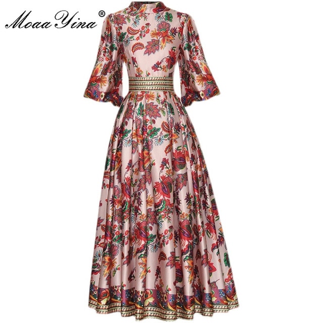 MoaaYina Fashion Designer Autumn Dress Women's Stand collar Puff sleeve Floral print vintage Long Vacation Party Dress - Image 3