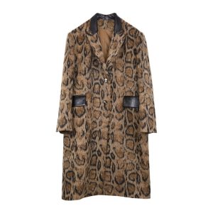 New Winter Woolen Coat Women Brown Spliced Snake Printing Black PU Midi Coats Fashion High Quality Outerwear