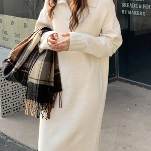 BGTEEVER Casual Thicken Warm Loose Sweater Dress Women Autumn Winter Lapel Full Sleeve Solid Long Knitted Dress Female vestidos