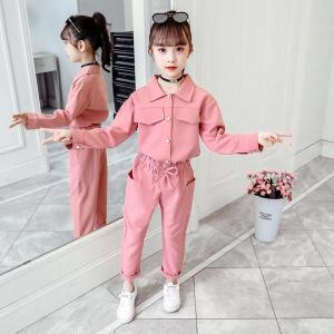 Children's Suits Spring Autumn Wear Girls Long Sleeved Tops + Trousers Kids 2 Suits Sport Sets Solid Color 7 8 9 10 11 12 Years