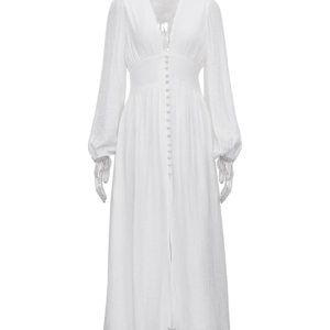 Clacive White Sexy Single-Breasted Women'S Dress 2022 Elegant Short Sleeve V-Neck Party Dresses Lady Casual Slim Midi Dress