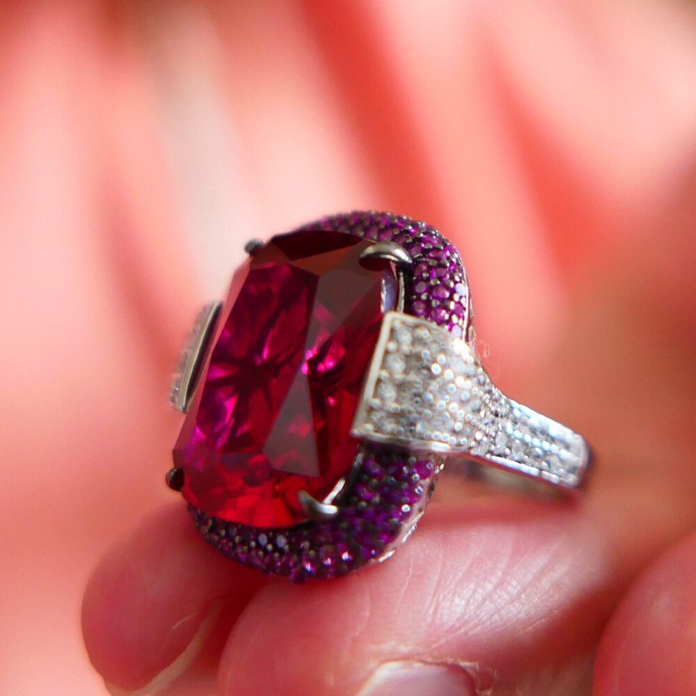 KQDANCE 925 Sterling Silver Cushion Cut 14Ct High Carbon Diamond Lab Ruby Emerald Rings with Large Green Red Stone Women Jewelry - Image 3