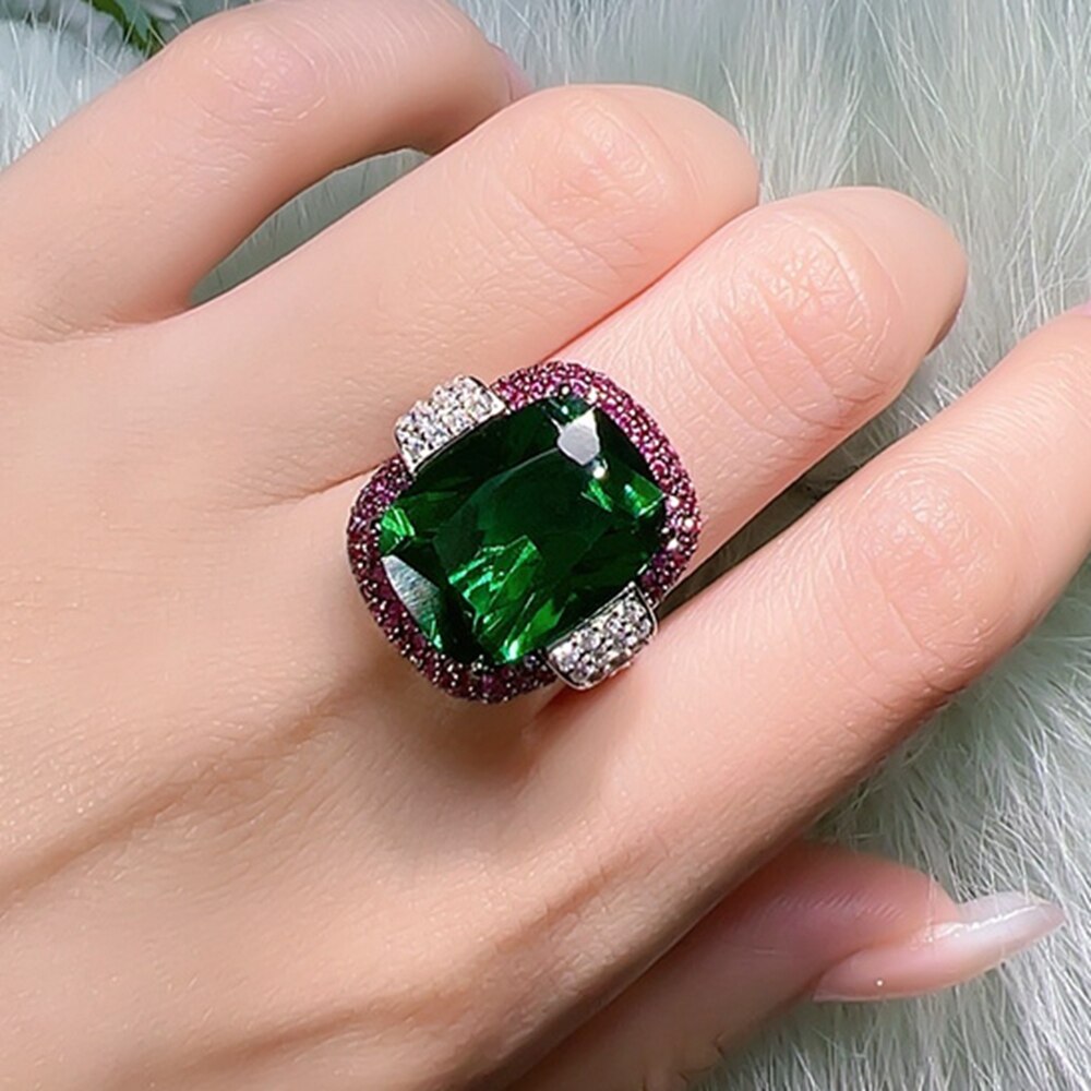 KQDANCE 925 Sterling Silver Cushion Cut 14Ct High Carbon Diamond Lab Ruby Emerald Rings with Large Green Red Stone Women Jewelry - Image 6