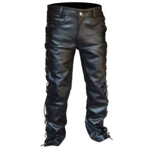 Men's Black Thick Leather Side Laces Up Jeans Style Long Pant Motorcycle Leather Trousers Leather Motorcycle Pants
