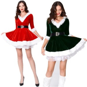 New Year Christmas Dress Women Velvet Xmas Santa Costume Sexy Costume Mid Sleeve Plush Party Hooded Dresses