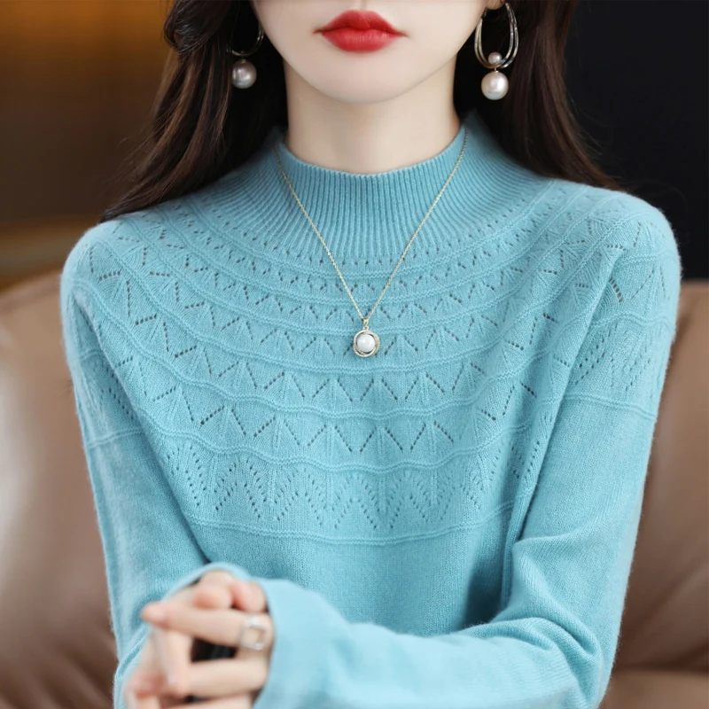 New cashmere sweater in autumn and winter 100% pure wool women's semi-high-necked knitted pullover hollowed-out fashion top - Image 2