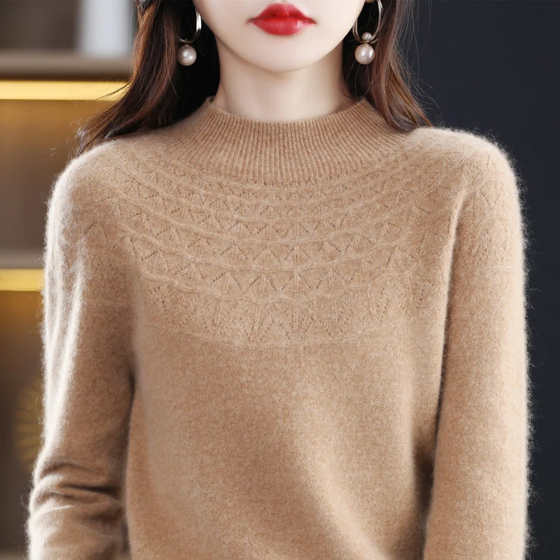 New cashmere sweater in autumn and winter 100% pure wool women's semi-high-necked knitted pullover hollowed-out fashion top - Image 4