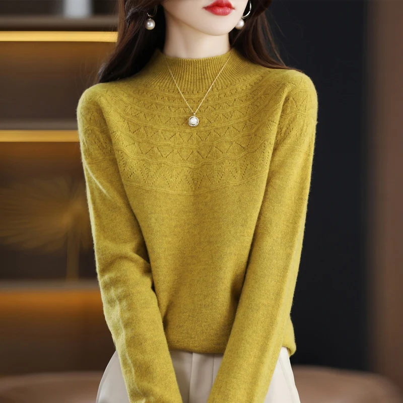 New cashmere sweater in autumn and winter 100% pure wool women's semi-high-necked knitted pullover hollowed-out fashion top - Image 5