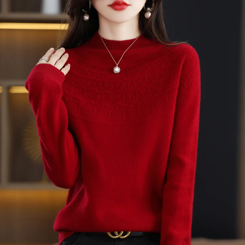New cashmere sweater in autumn and winter 100% pure wool women's semi-high-necked knitted pullover hollowed-out fashion top - Image 6