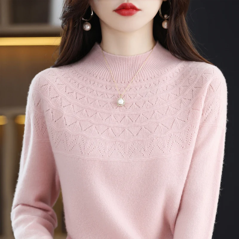 New cashmere sweater in autumn and winter 100% pure wool women's semi-high-necked knitted pullover hollowed-out fashion top