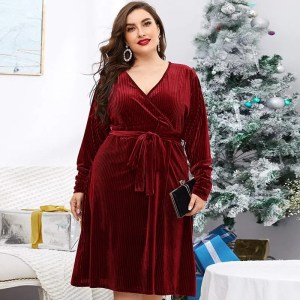 Plus Size Long Sleeve Elegant Spring Autumn Midi Velvet Wrap Dress Tie Waist V-neck Formal Night Out Party Dress Christmas Dress