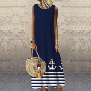 2022 Summer New Fashion Casual Retro Printing Loose Temperament Commuter Long Elegant Robe Dress Party Sleeveless Sundress