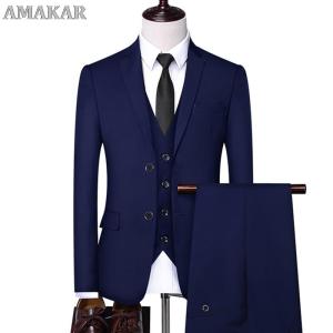Formal Business Wedding 3 Pieces Suit Set / Male 2022 Blazers Jacket Pants Vest Trousers Dress Waistcoat