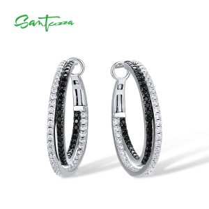 SANTUZZA Pure 925 Sterling Silver Loop Earrings For Women Sparkling Black Spinel White Cubic Zirconia Simple Fine Shiny Jewelry