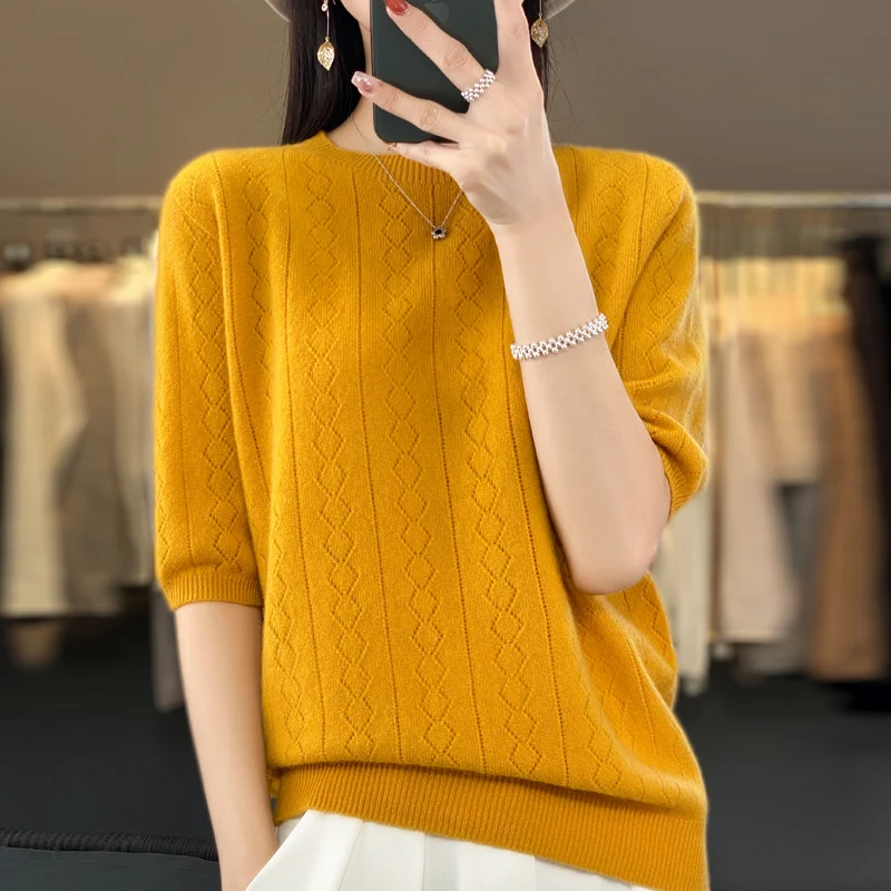 Spring and autumn new women's sweater cashmere knitted 100% pure merino wool solid color O-neck short sleeve T-shirt. - Image 3