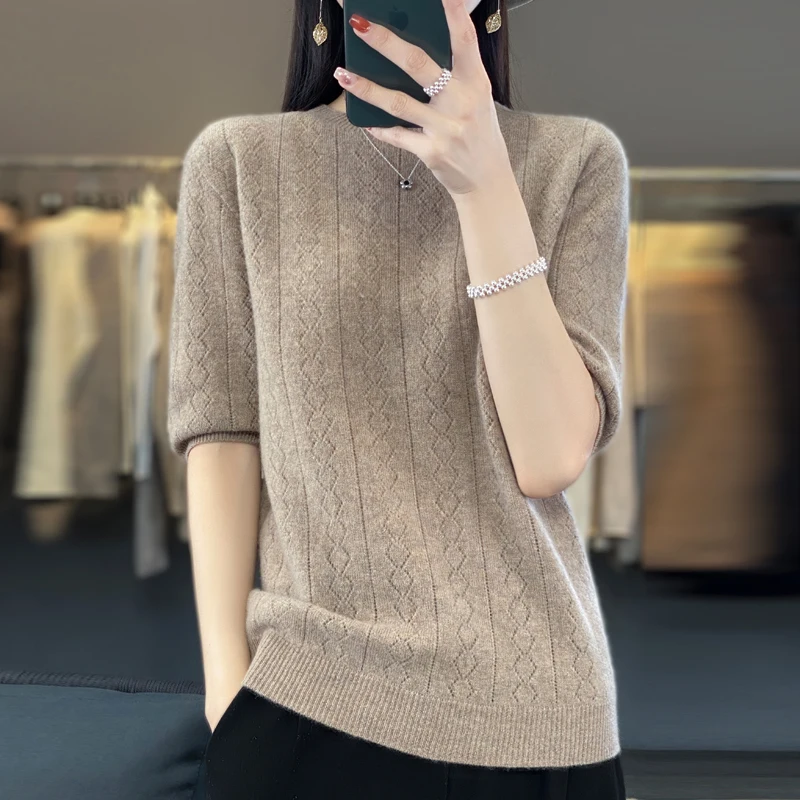 Spring and autumn new women's sweater cashmere knitted 100% pure merino wool solid color O-neck short sleeve T-shirt. - Image 4