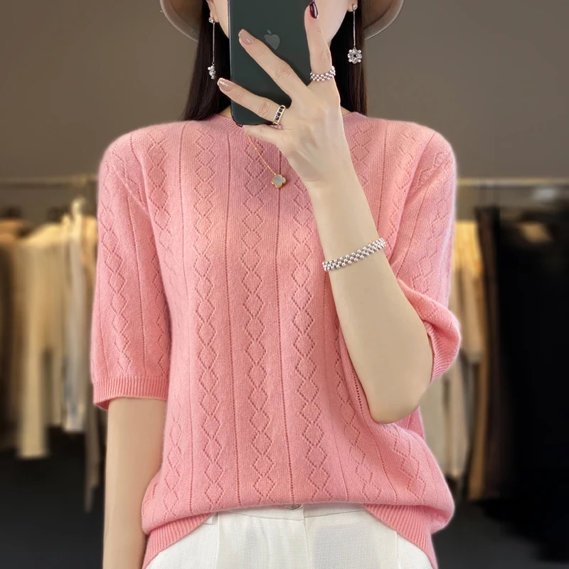 Spring and autumn new women's sweater cashmere knitted 100% pure merino wool solid color O-neck short sleeve T-shirt. - Image 5
