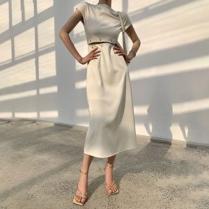 TWOTWINSTYLE Elegant White Long Dress Female Round Neck Short Sleeve High Waist Cut Out Midi Dresses For Woman Clothing Fashion