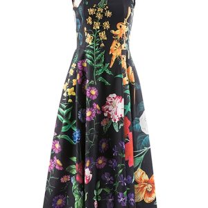 TWOTWINSTYLE Summer Loose Dress For Women Square Collar Sleeveless High Waist Print Colorblock Midi Dresses Female Clothing 2022