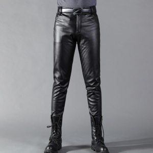Thoshine Brand Men Leather Pants Skinny Fit Elastic Style Fashion PU Leather Trousers Motorcycle Pants Thin Streetwear